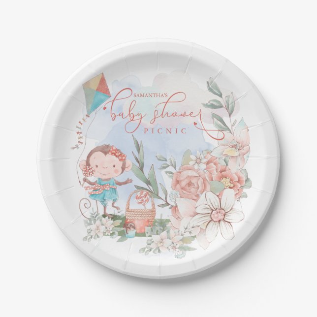 Cute Monkey Florals Girl Baby Shower Picnic Paper Plate (Front)