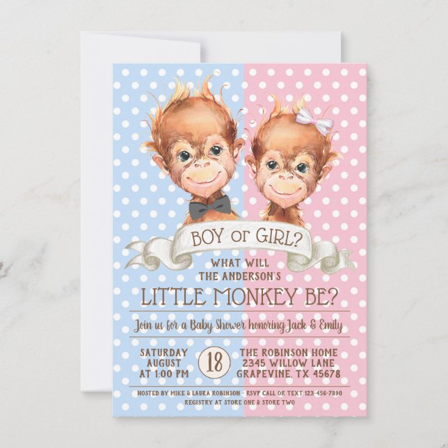 Cute Monkey Gender Reveal Invitation (Front)