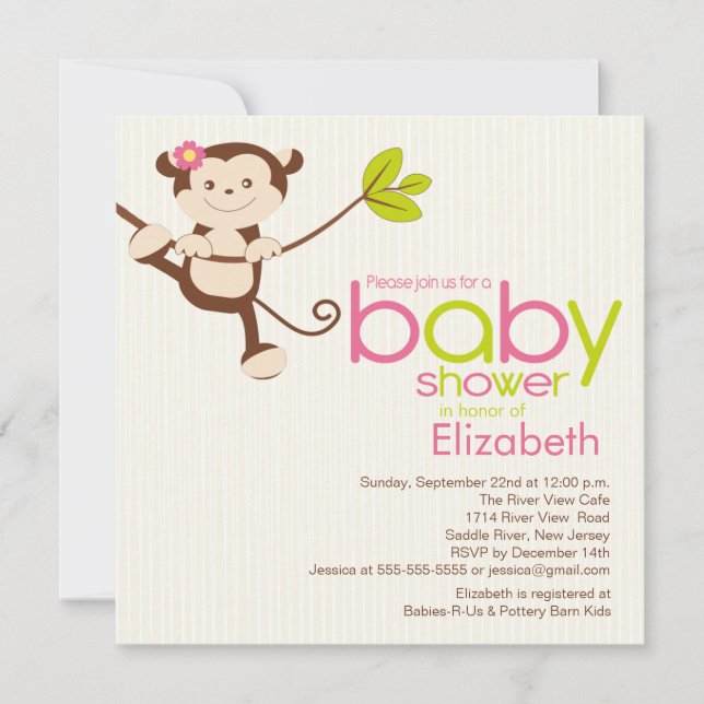 Cute Monkey Girl Baby Shower Invitation (Front)