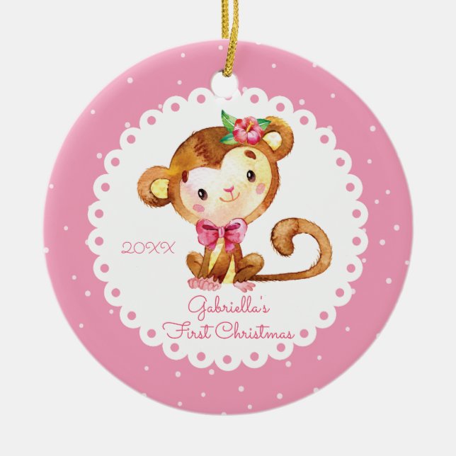 Cute Monkey Girl Baby's First Christmas Ornament (Front)
