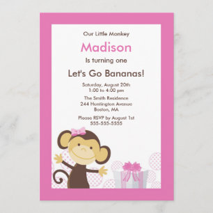 Cute Monkey Girl Birthday Invitation