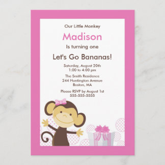 Cute Monkey Girl Birthday Invitation
