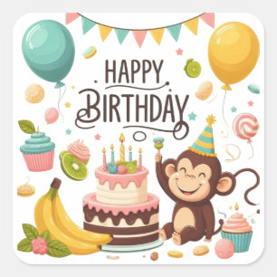 Cute Monkey Happy Birthday Party Square Sticker