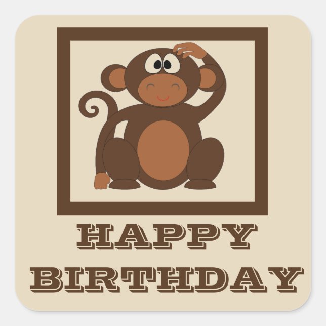 Cute Monkey Happy Birthday Square Sticker (Front)
