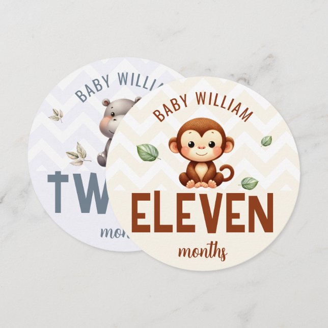 Cute Monkey Hippo 11-12 Months Baby Milestone Sign (Front/Back)