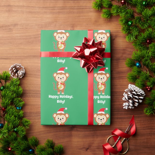 Cute Monkey Holding a Banana with a Bow Wrapping Paper (Holiday Gift)