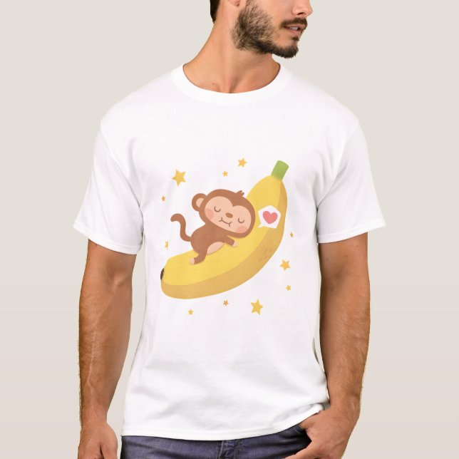 Cute Monkey Hugging Banana Moon T-Shirt (Front)