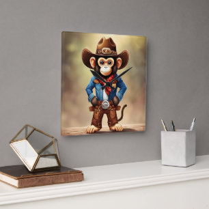 Cute monkey in a cowboy costume square wall clock
