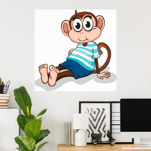 Cute Monkey in Blue Striped Shirt and Shorts Poster