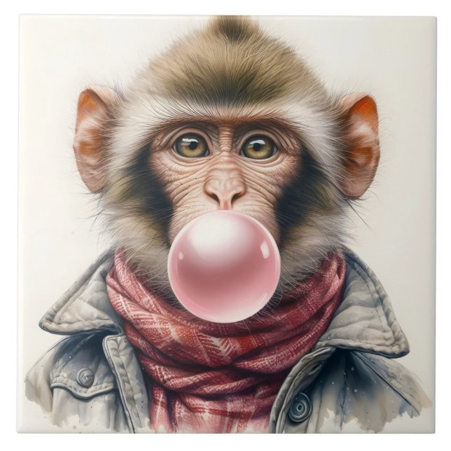 Cute Monkey In Scarf and Jacket Bubble Gum Ceramic Tile (Front)