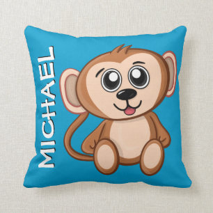 Cute Monkey Jungle Blue Cartoon Rainforest Name Cushion