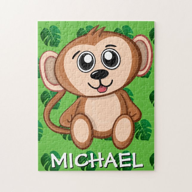Cute Monkey Jungle Green Name Cartoon Rainforest Jigsaw Puzzle (Vertical)