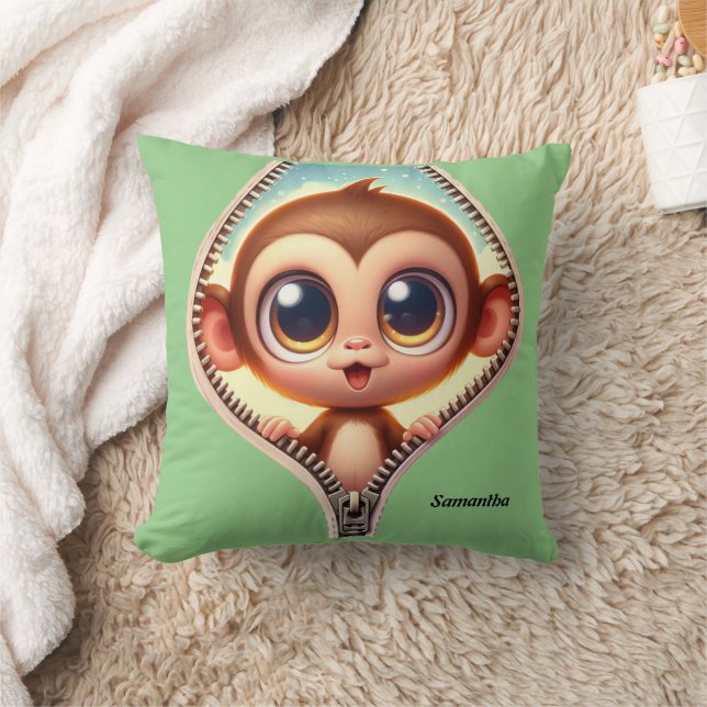 Cute  Monkey Kids Customisable Name  Cushion (Blanket)