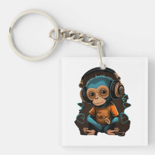 Cute Monkey Listening Music, Music Immersed Monkey Key Ring