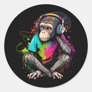 Cute Monkey Listening Music, Music Obsessed Monkey Classic Round Sticker