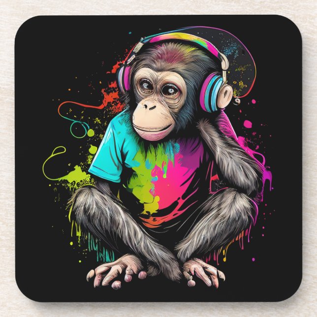 Cute Monkey Listening Music, Music Obsessed Monkey Coaster (Front)