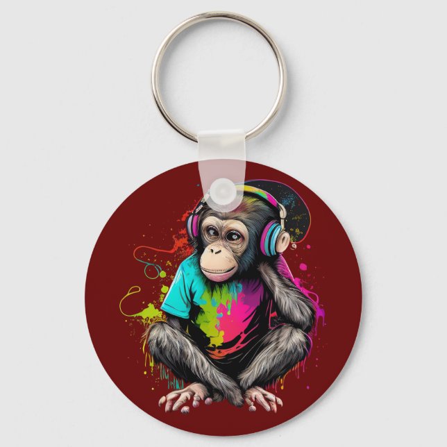 Cute Monkey Listening Music, Music Obsessed Monkey Key Ring (Front)