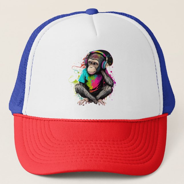 Cute Monkey Listening Music, Music Obsessed Monkey Trucker Hat (Front)