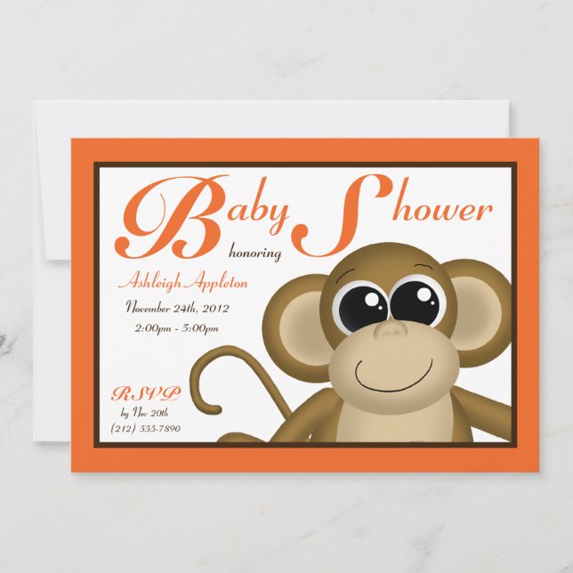 Cute Monkey Orange Baby Shower Invitations (Front)