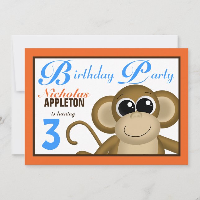 Cute Monkey Orange Blue Birthday Party Invitations (Front)