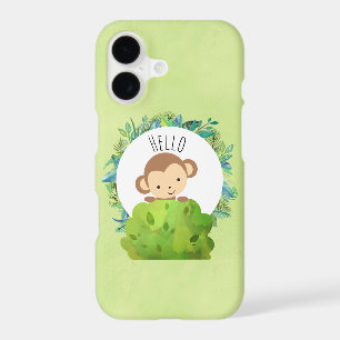 Cute Monkey Peeking Out from Behind a Bush Hello