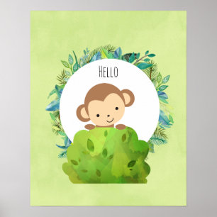 Cute Monkey Peeking Out from Behind a Bush Hello Poster