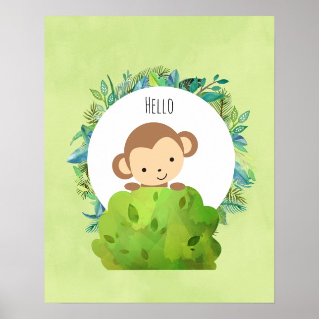 Cute Monkey Peeking Out from Behind a Bush Hello Poster (Front)