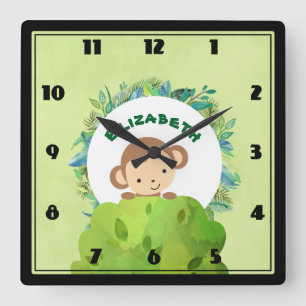 Cute Monkey Peeking Out from Behind a Bush Square Wall Clock
