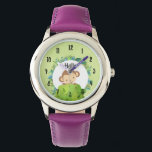 Cute Monkey Peeking Out from Behind a Bush Watch<br><div class="desc">A watch with an illustration of a little monkey peeking out from behind a green bush saying hello. Surrounded by a wreath of tropical leaves. Set on an olive green watercolor background. Hello can be customised with a name or other text if you like.</div>