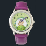 Cute Monkey Peeking Out from Behind a Bush Watch<br><div class="desc">A watch with an illustration of a little monkey peeking out from behind a green bush saying hello. Surrounded by a wreath of tropical leaves. Set on an olive green watercolor background. Hello can be customised with a name or other text if you like.</div>