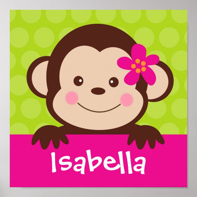 Cute  Monkey Personalised Name Art Print girl Kids (Front)