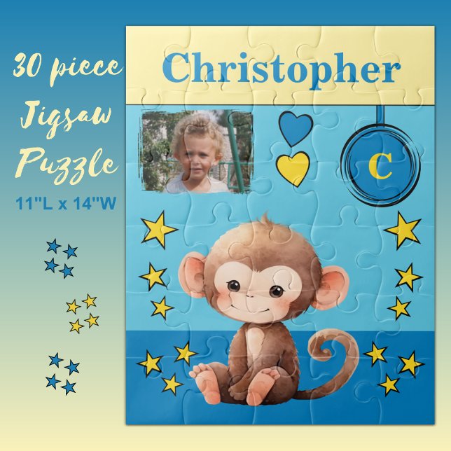 Cute monkey photo name blue yellow kids jigsaw puzzle (Creator Uploaded)