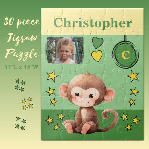 Cute monkey photo name green yellow kids jigsaw puzzle