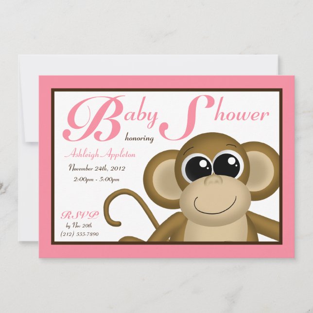 Cute Monkey Pink Baby Shower Invitations (Front)