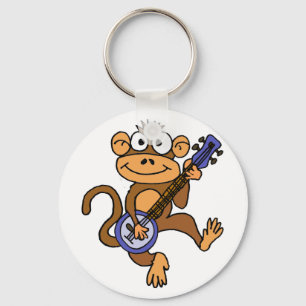 Cute Monkey Playing Banjo Cartoon Key Ring