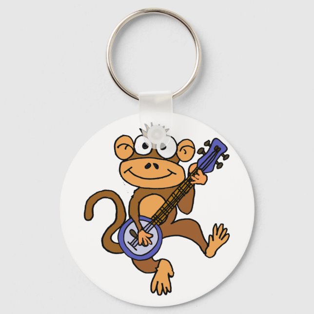 Cute Monkey Playing Banjo Cartoon Key Ring (Front)