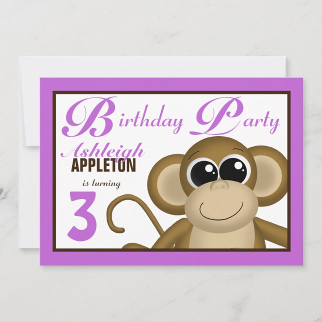 Cute Monkey Purple Birthday Party Invitations (Front)