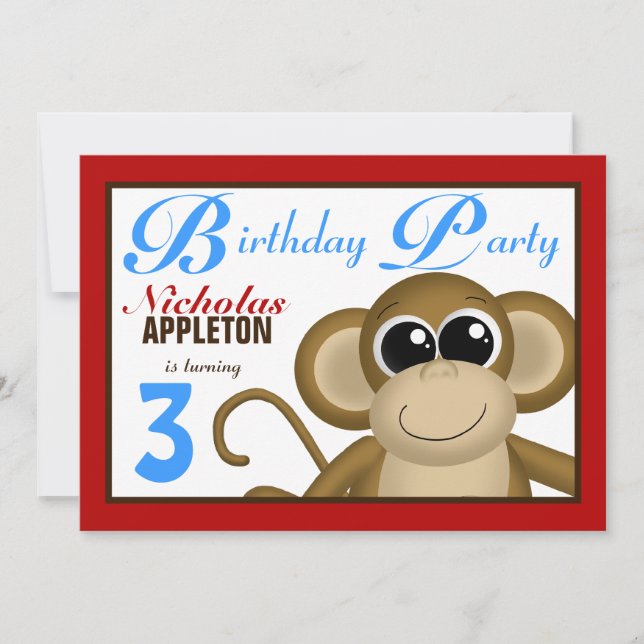 Cute Monkey Red & Blue Birthday Party Invitations (Front)