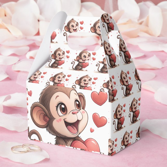 Cute Monkey Red Hearts Love Gable Favour Box (Wedding)
