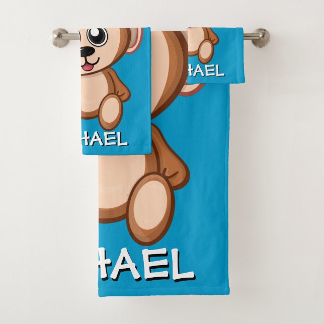 Cute Monkey Safari Cartoon Jungle Name Blue Bath Towel Set (Insitu)