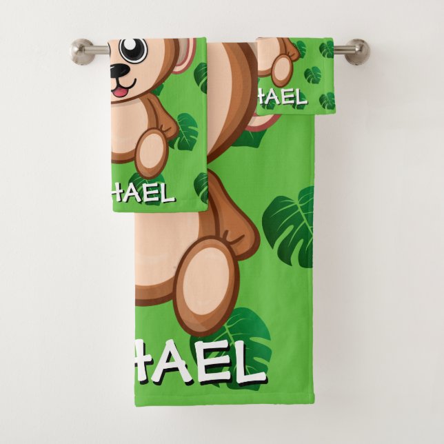 Cute Monkey Safari Green Cartoon Jungle Name Bath Towel Set (Insitu)