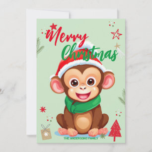 Cute monkey santa Christmas Holiday Family name ki Card
