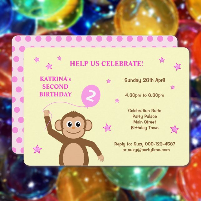 Cute monkey second birthday party invitation (Showing the rounded corners option)