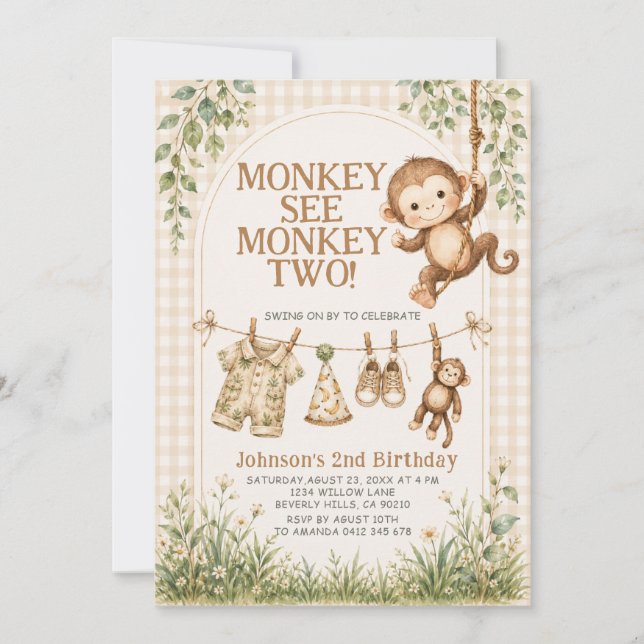 Cute Monkey See Monkey Two Neutral Monkey 2nd  Invitation (Front)