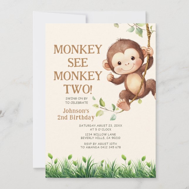 Cute Monkey See Monkey Two Safari 2nd Birthday Invitation (Front)