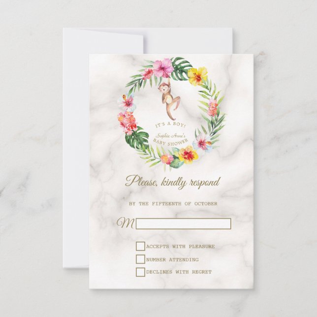 Cute Monkey Tropical Floral Boy Baby Shower RSVP Card (Front)