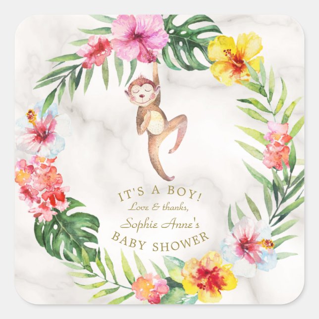 Cute Monkey Tropical Floral Girl Baby Shower Square Sticker (Front)