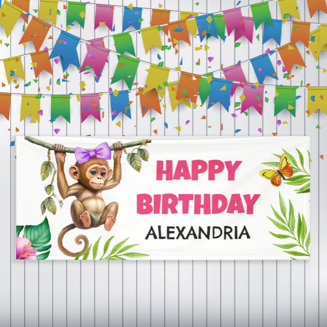 Cute Monkey Tropical Jungle Child's Happy Birthday Banner (Creator Uploaded)