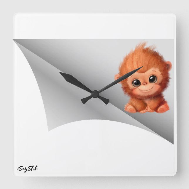 cute monkey under the patch square wall clock (Front)