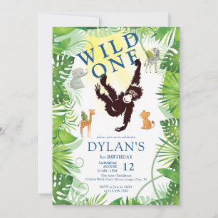 Cute Monkey Wild One Jungle Safari Boy 1st Bday Invitation